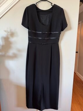 Sharon Young Black Scoop-Neck Midi Dress with Waist Ribbon Bands